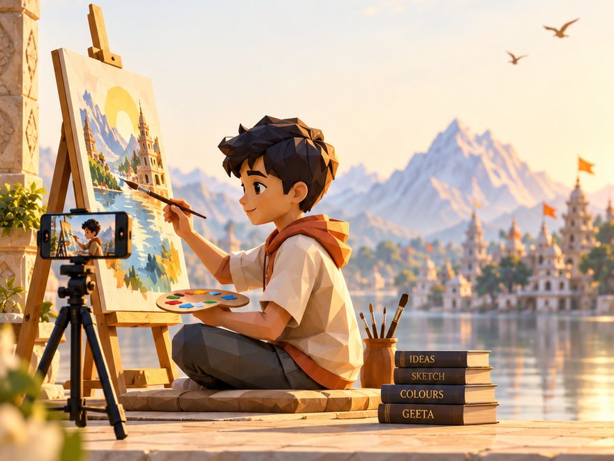 A young artist painting a Geeta scene beside the ghat
