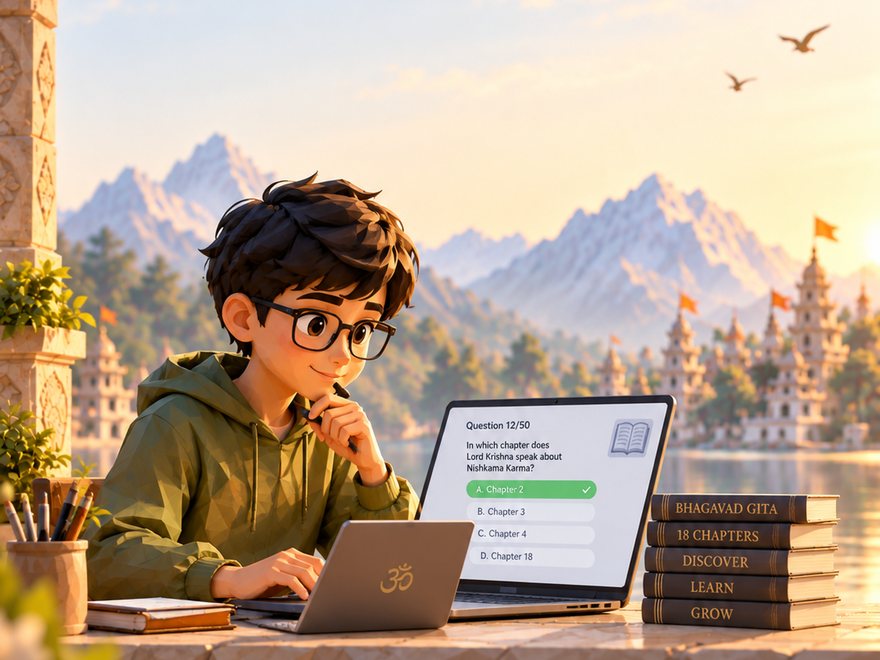 A student answering the Geeta quiz on a laptop