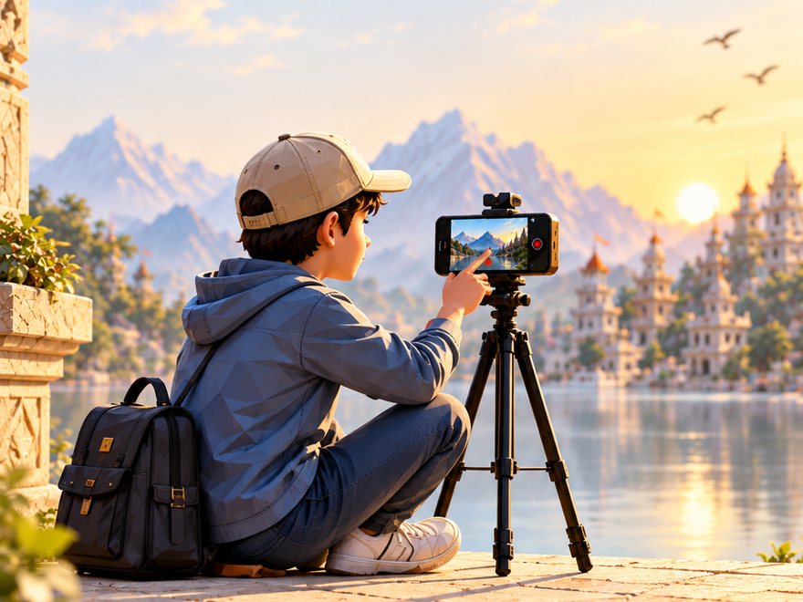 A young creator filming the temple lake
