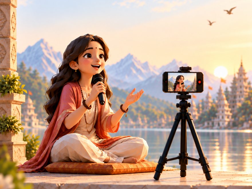 A girl reciting a shloka to camera at sunrise